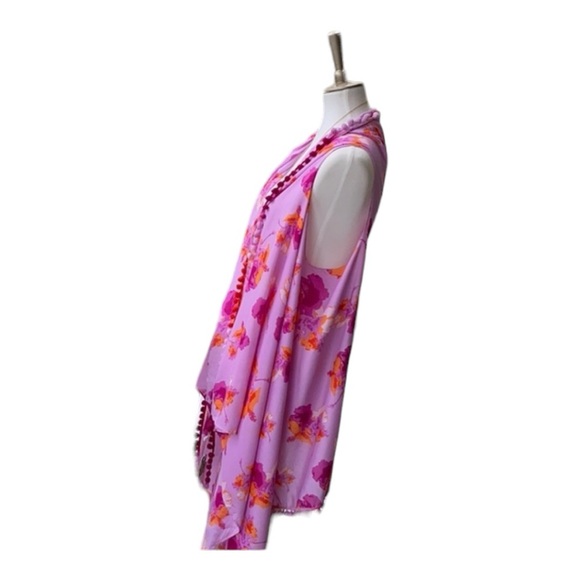 America & Beyond Boho Long Duster Draping Floral Pom Pom Summer Vest Cover Up OS - Picture 4 of 11